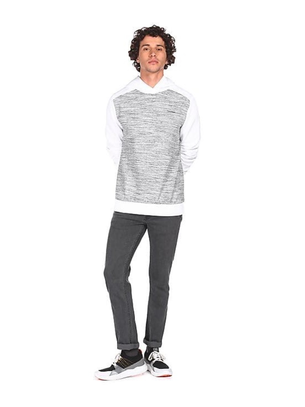 CALVIN KLEIN Men White And Grey Long Sleeve Heathered Hooded Sweatshirt
